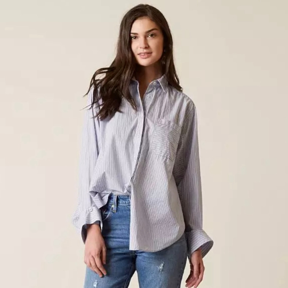 Free People Tie It In A Bow Cotton Oversized Pinstriped Bohemian Tunic Shirt M